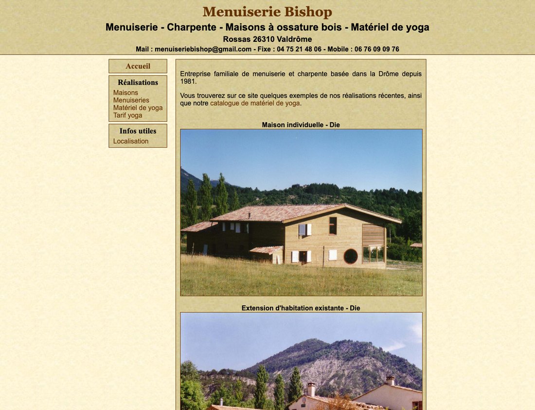 Capture du site actuel de Menuiserie Bishop : page beige à colonne centrale, menu texte à gauche, photos empilées
